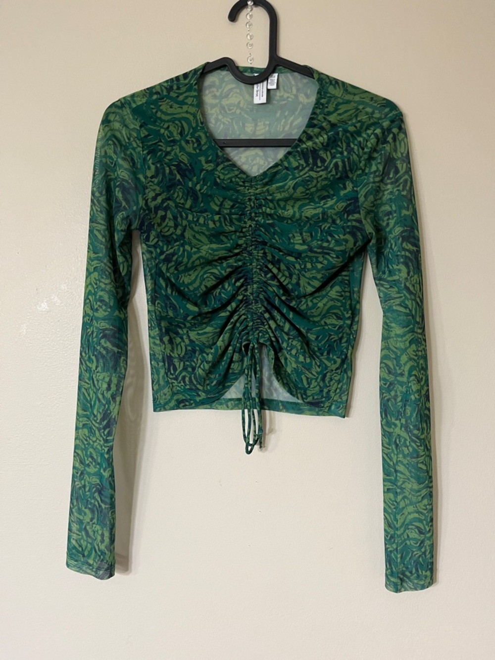 & Other Stories Green Printed Ruched Mesh Long Sleeve Crop Top